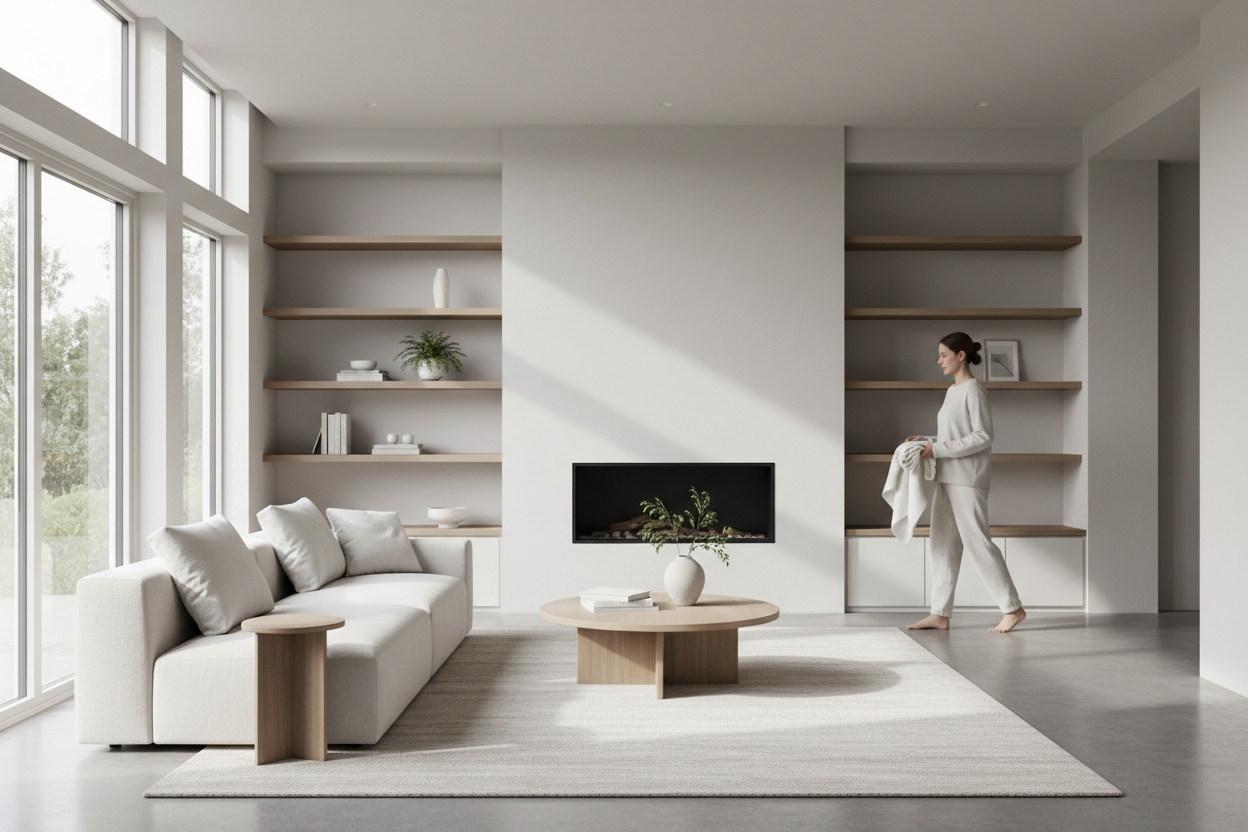 A bright, modern home interior with natural light, showing a clean and tidy living space. A person casually present in the background, conveying cleanliness, order and everyday life. Neutral colors, minimalist style, realistic lifestyle photography. No product focus, no text, no logos. Clean, simple composition suitable for an online store category image.