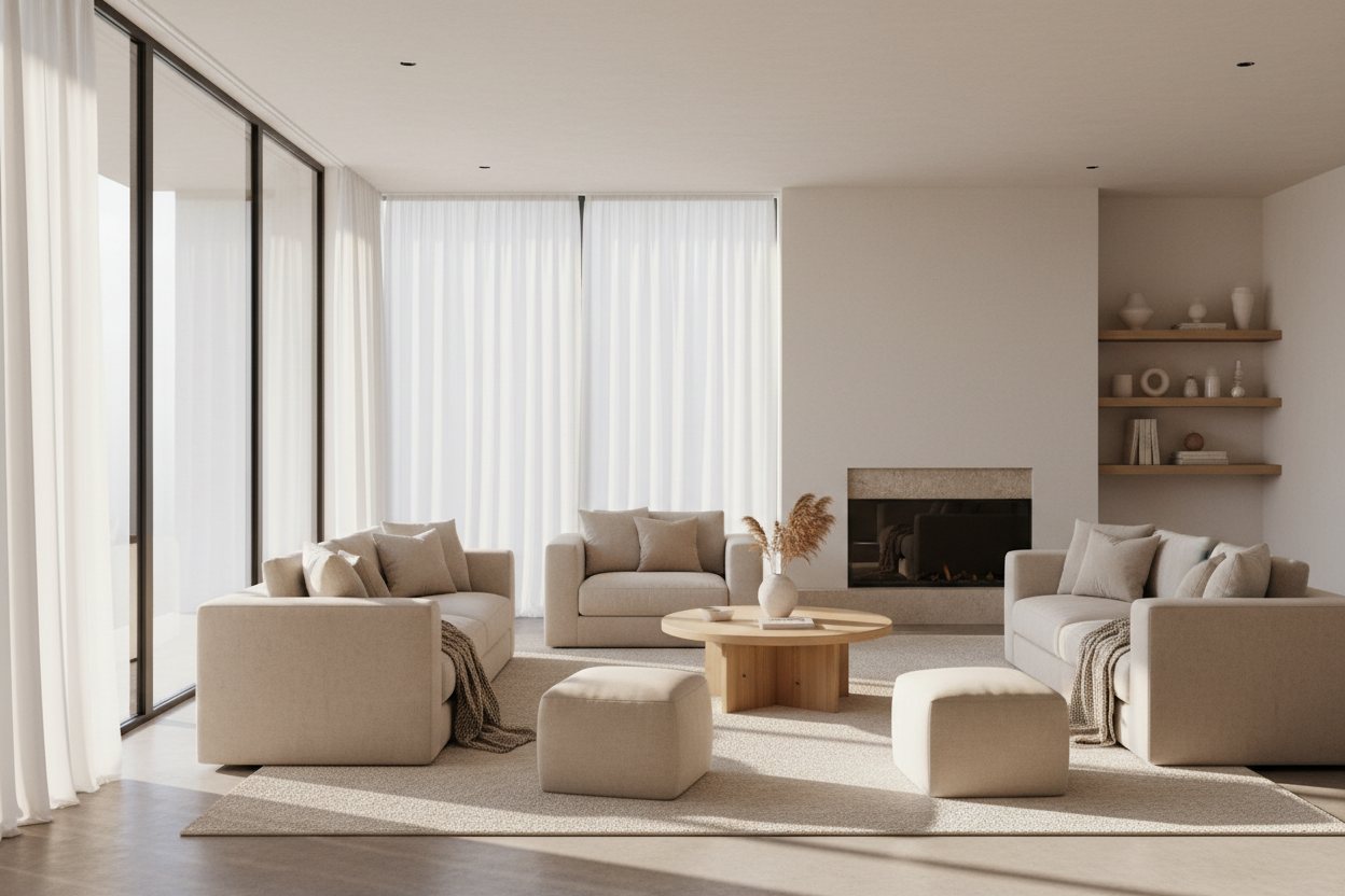A warm, modern home interior with natural light, neutral colors and a cozy atmosphere. Clean and organized space representing everyday home life. Minimalist and elegant lifestyle photography style. No specific products, no text, no logos. Balanced composition ideal for an ecommerce home category image.